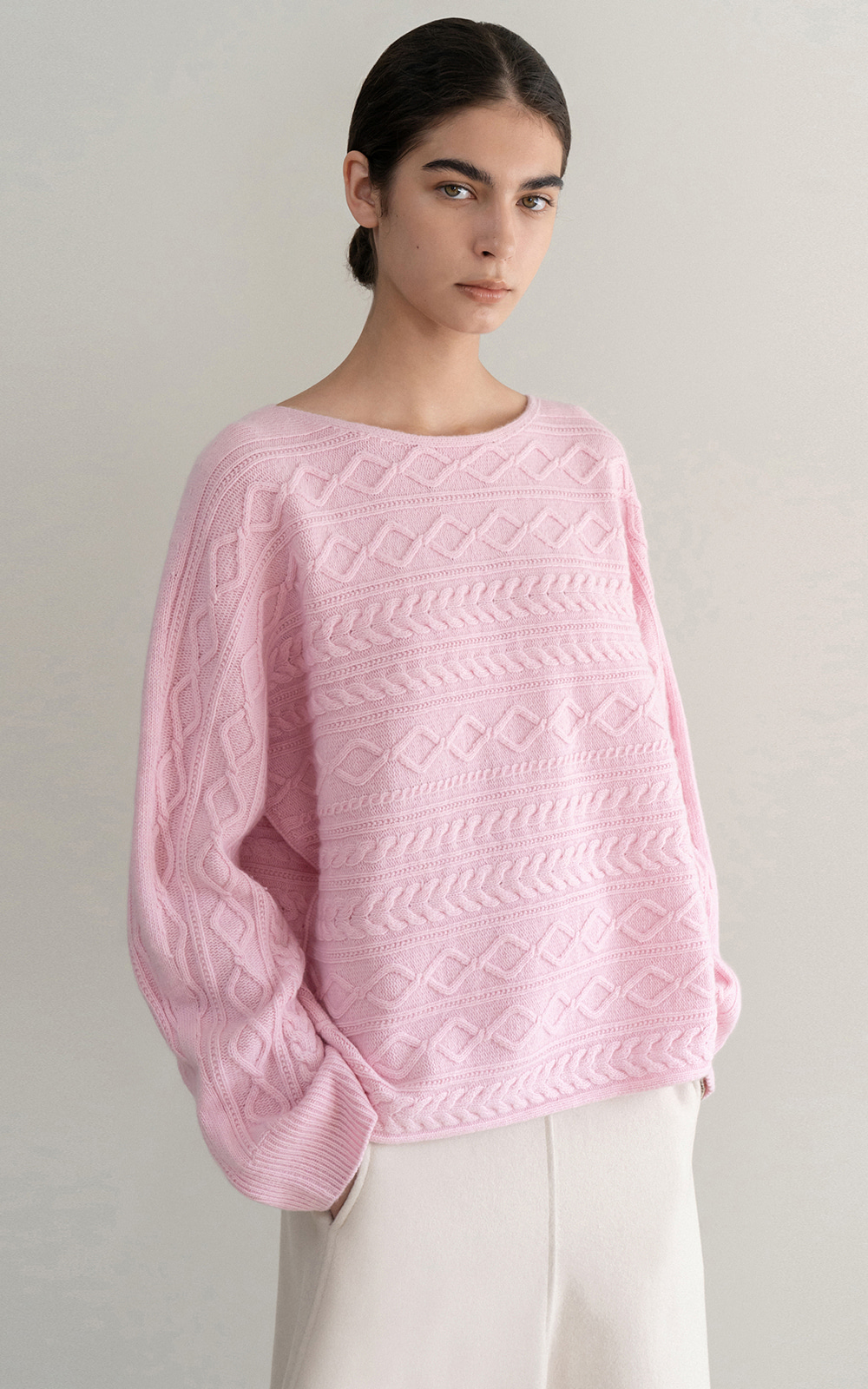 CO WOOL HORIZONTAL CABLE KNIT TOP_PINK