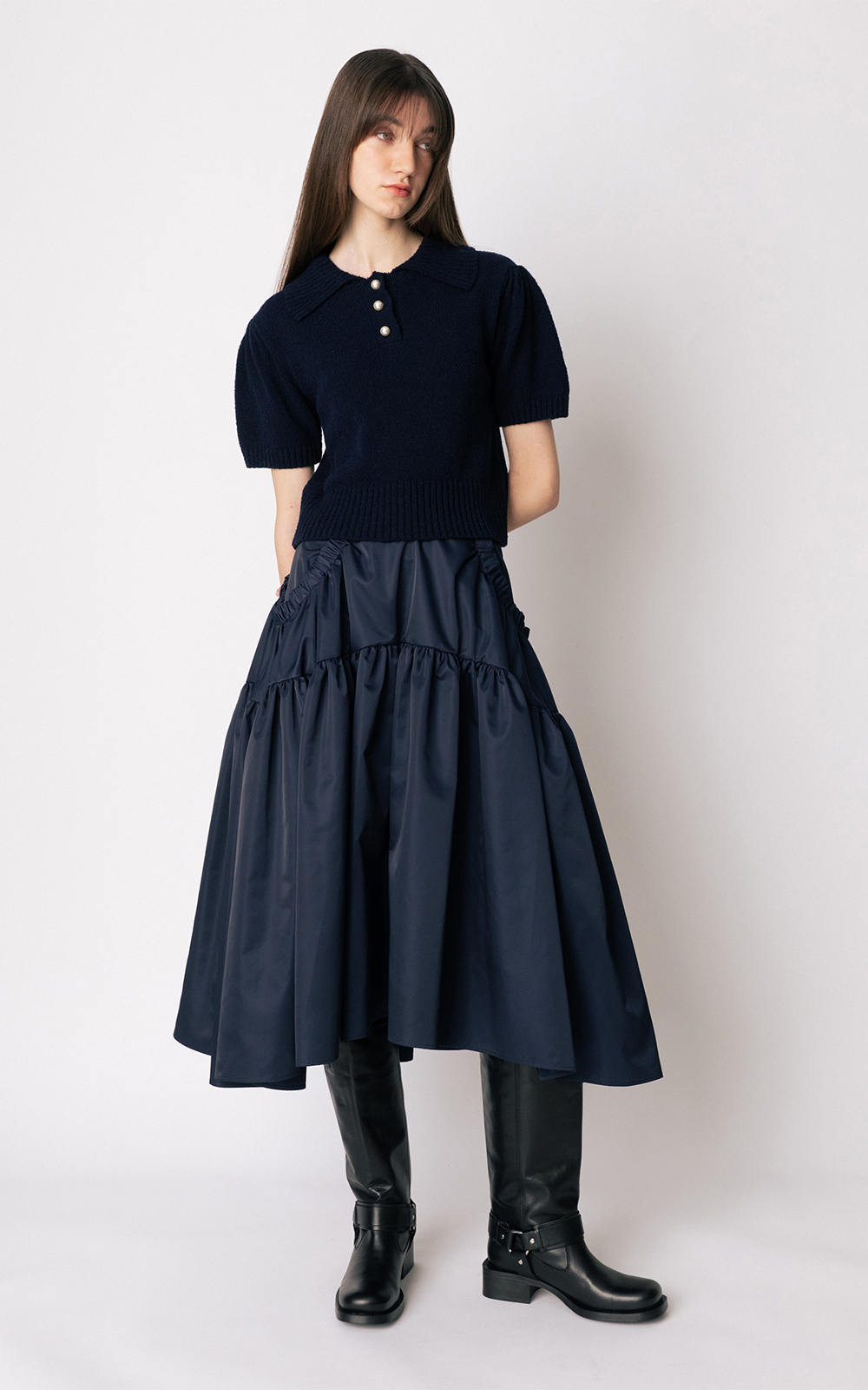 CO PUFF SHOULDER COLLAR KNIT TOP_NAVY